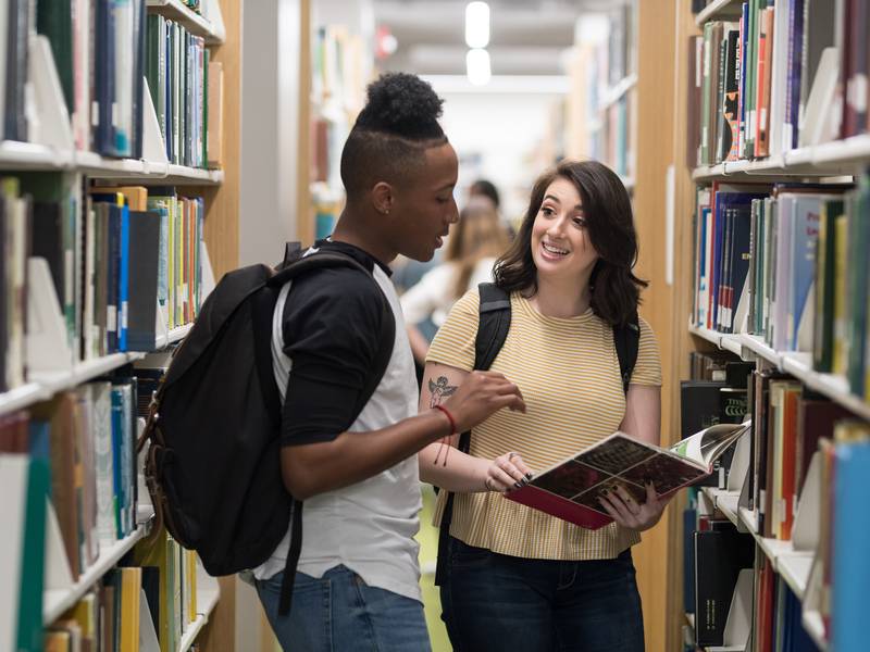 Two college students in campus library, studying, education, Bow Valley College