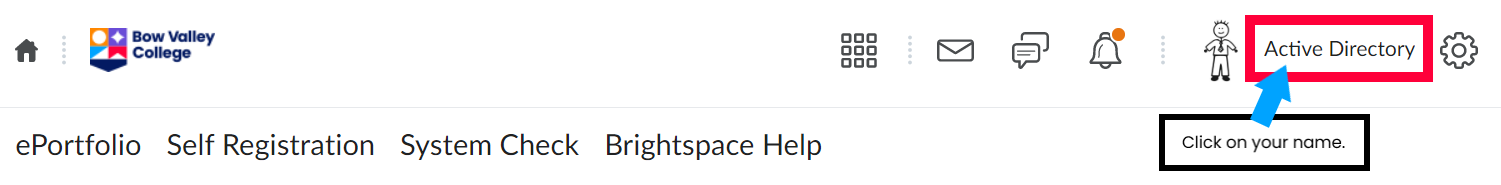 Student name is highlighted in top right of D2L account