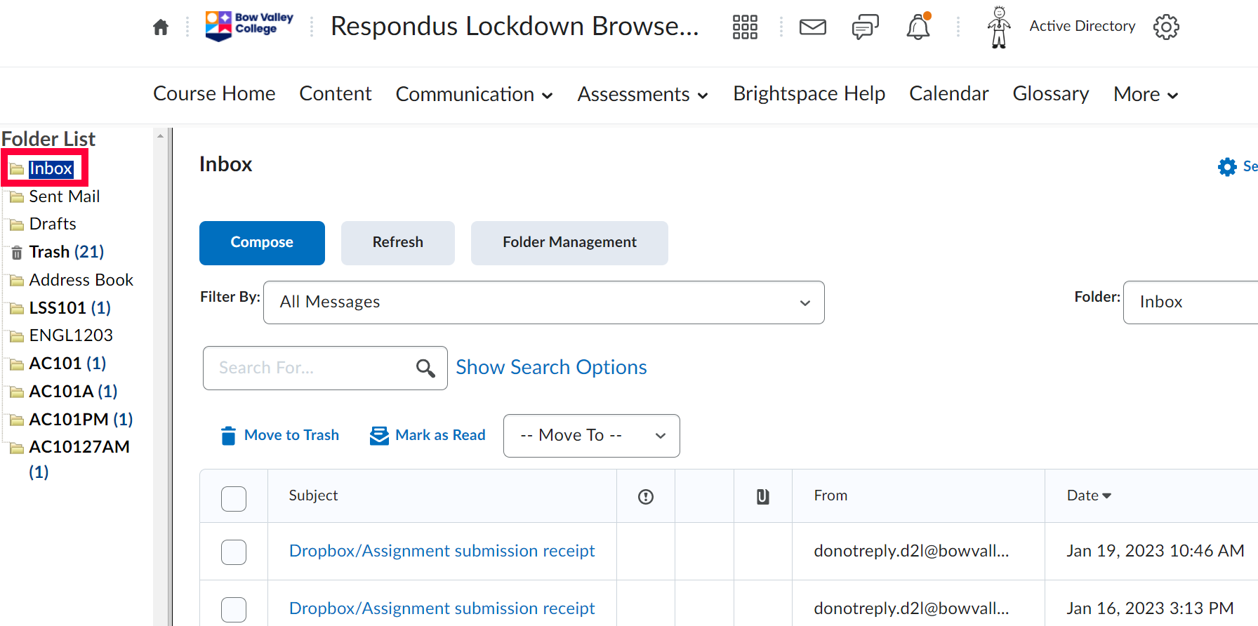 Inbox selection highlighted in D2L messaging