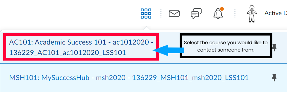 Name of course highlighted in dropdown menu in D2L